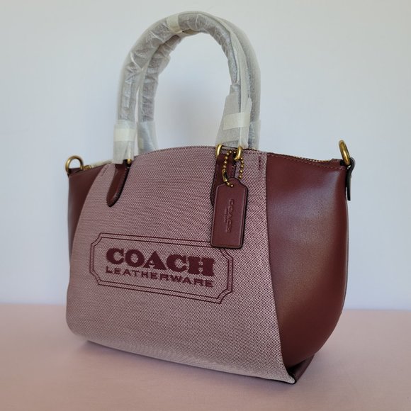 COACH Elise Badge Satchel In Jacquard & Refined Leather- Wine Multi $245⭐ - Picture 4 of 16